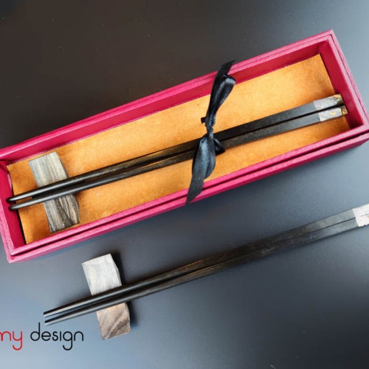 Set of 2 pairs of square ebony chopsticks with chopstick holder